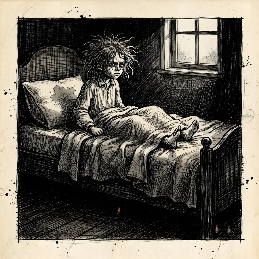 A child sitting up in bed at dawn, hair in knots